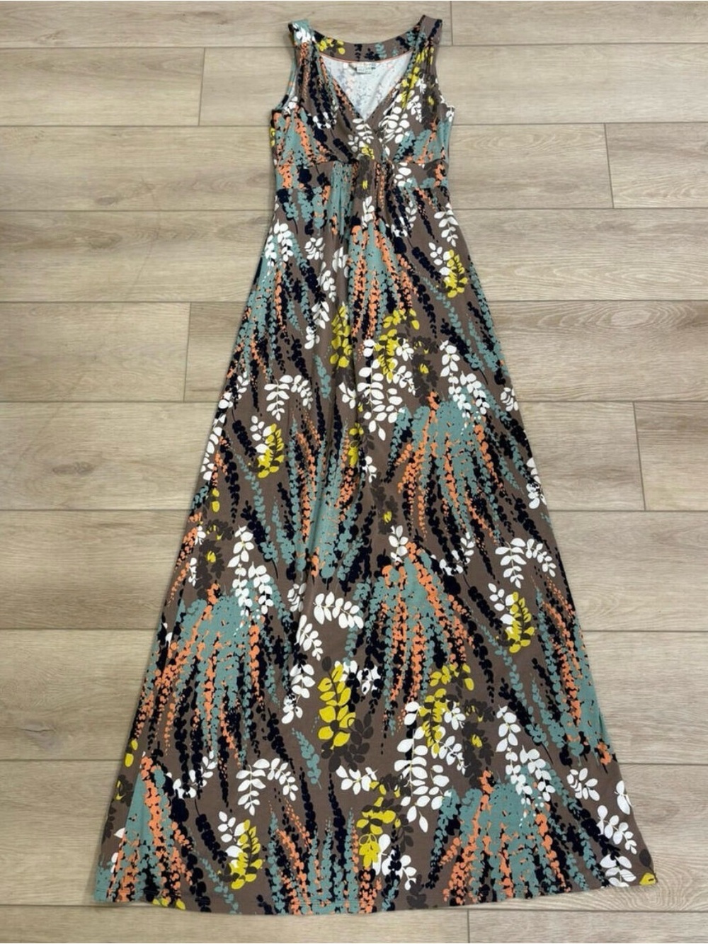 Boden Jersey Maxi Dress Botanical Print V-Neckline, Empire Waist US 6 Long 6L